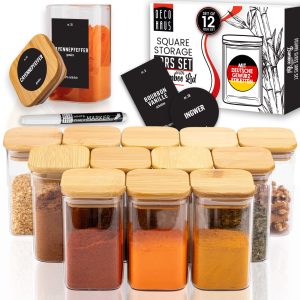Set van 12 herbruikbare potten van Deco Haus met bamboe deksel - luchtdicht, vaatwasser- en magnetronbestendig - voor koekjes, pasta, droge voeding, ontbijtgranen, koffie - hoogte 10,7 cm, diameter 6 cm