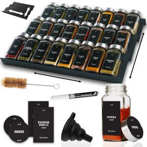 Deco Haus Zwarte lade-indeling met kruidenpotjes - 3-laags lade-indeling - keukenindeling, lade-indeling met 24 kruidenpotjes, 280 kruidenlabels, borstel en trechter